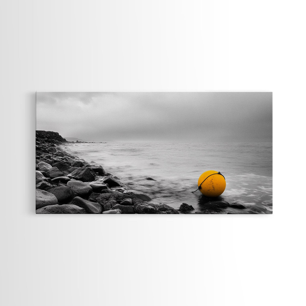 Yellow Buoy, Ocean Minimalism, Coastal Calm, Seaside Solitude, Canvas Print beach house wall decor, black and white modern art