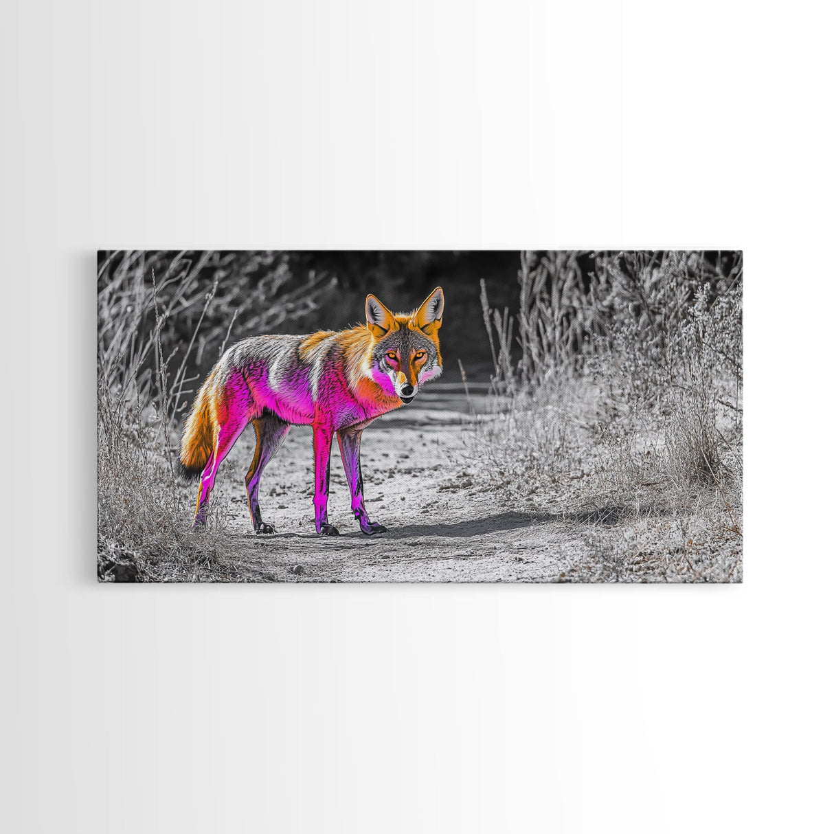 Neon Fox Portrait, Vibrant Wildlife Path Scene, Bright Nature Animal, Framed Canvas Print, Bedroom Wall Art, Psychedelic Animal Style