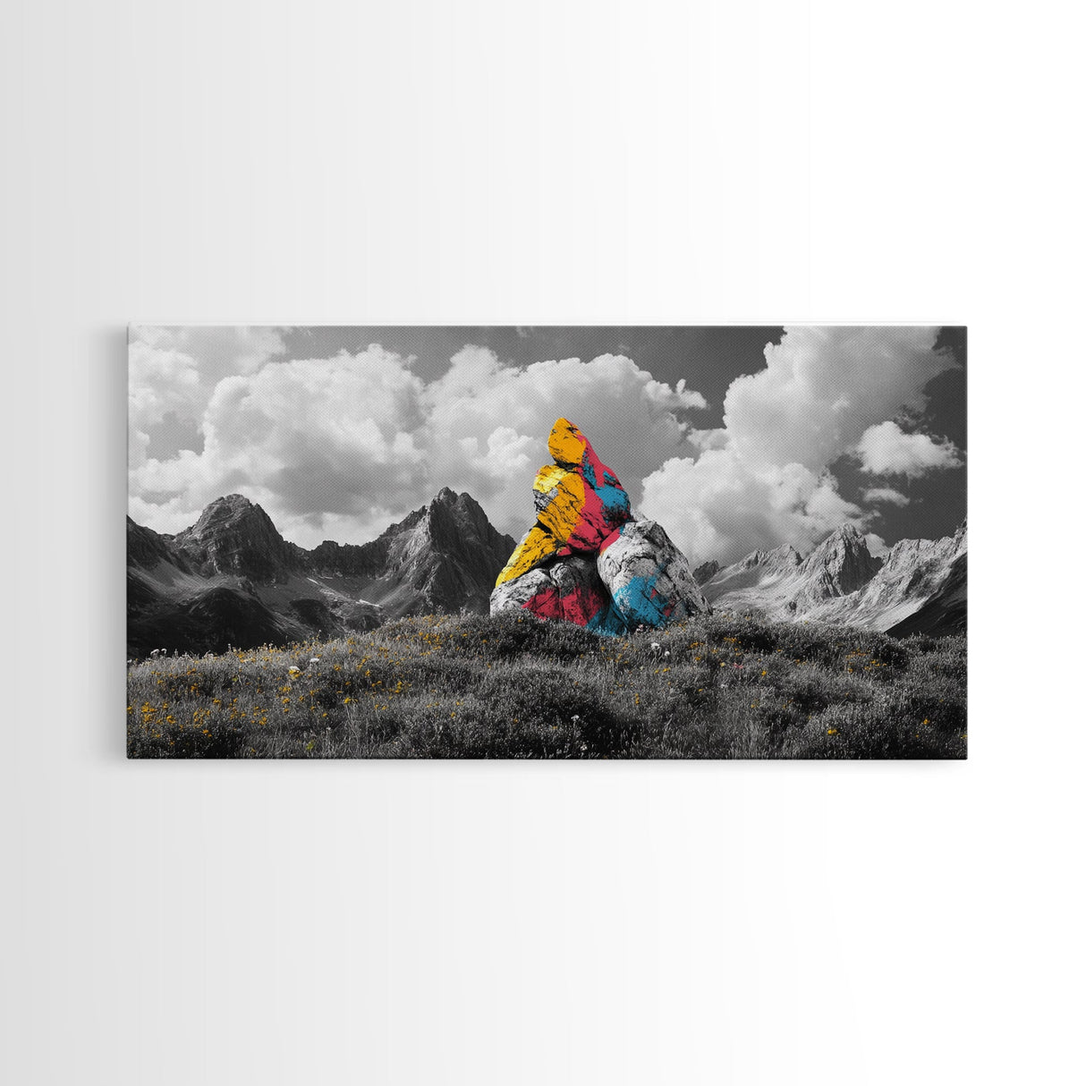 Painted Mountain Rocks, Colorful Nature Landscape, Bold Abstract Peaks, Framed Canvas Print, Living Room Wall Art, Modern Rustic Style