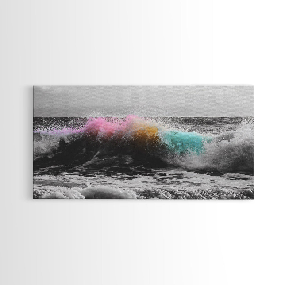 Rainbow Ocean Wave, Vibrant Sea Spray Art, Color Explosion Surf, Framed Canvas Print, Bathroom Wall Art, Coastal Modern Abstract