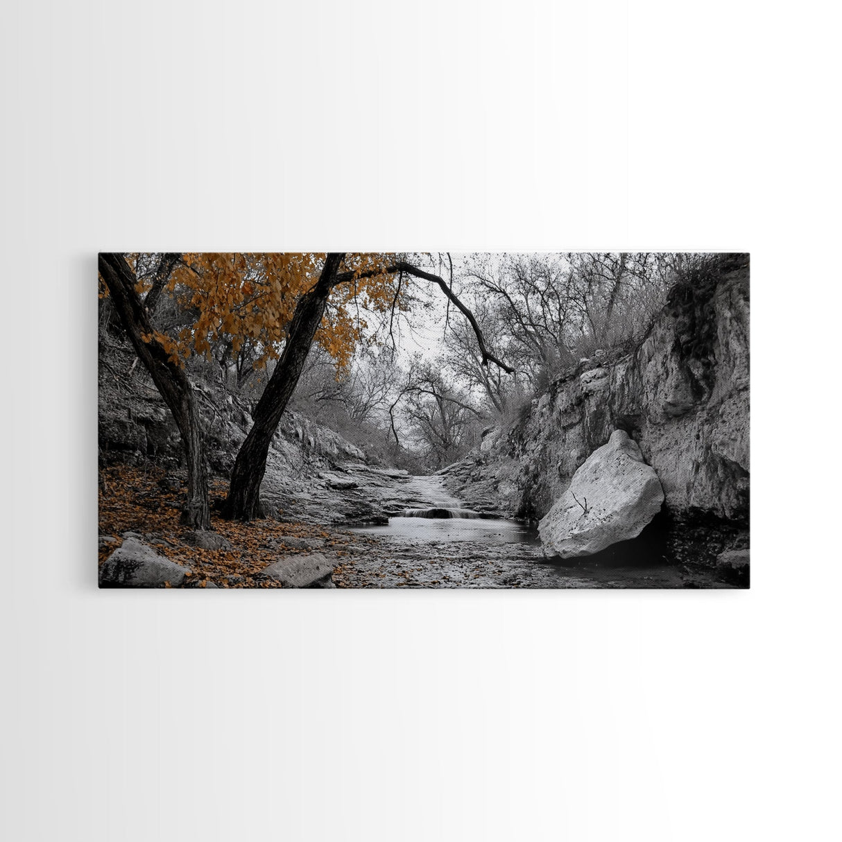 Autumn Stream, Orange Leaves, Waterfall Path, Framed Canvas Print, Fall Wall Art, Rustic Living Room Decor, Seasonal Nature Photography