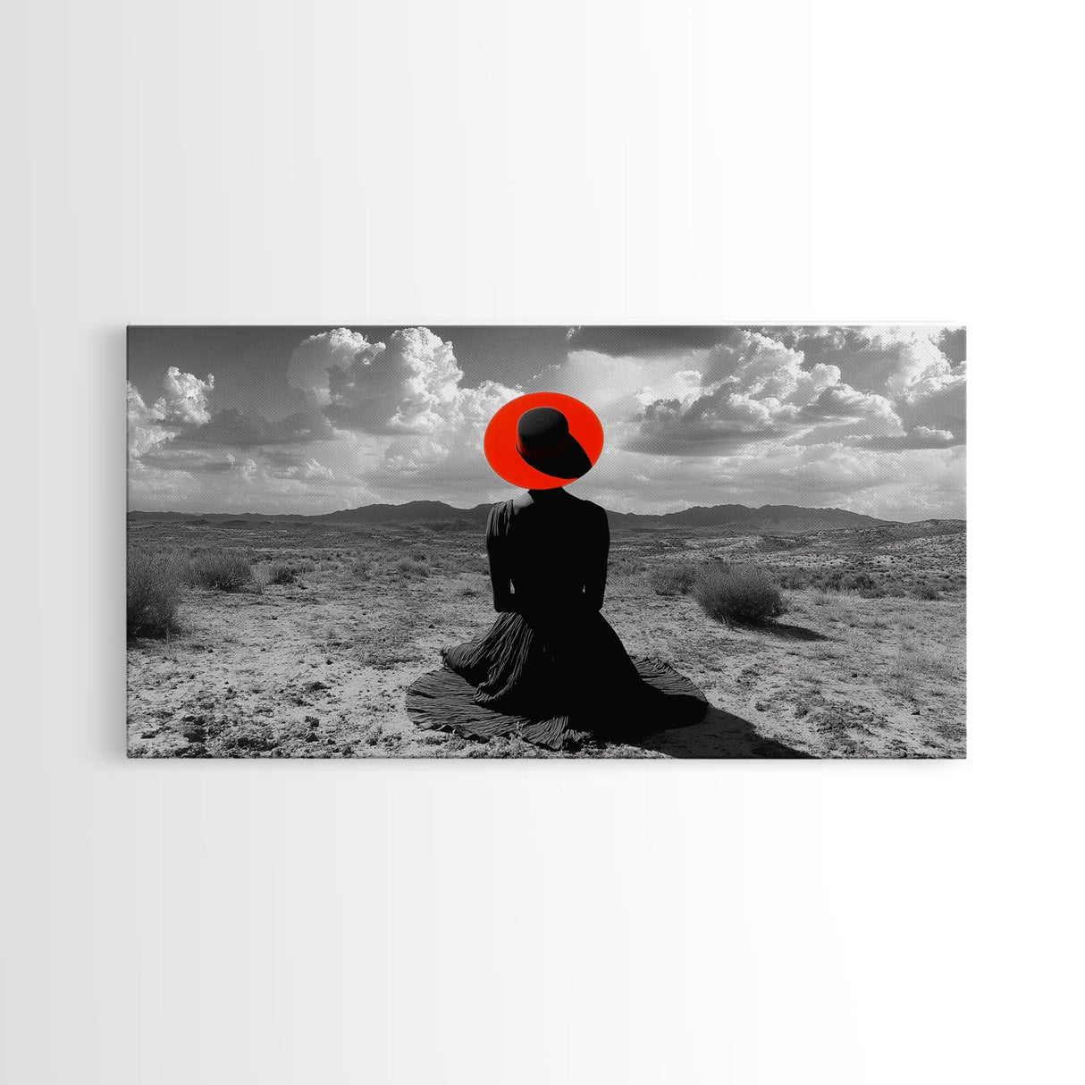 Red Hat Woman, Surreal Desert, Fashion Silhouette, Framed Canvas Print, Minimalist Wall Art, Bold Modern Decor, Bedroom Gallery Style