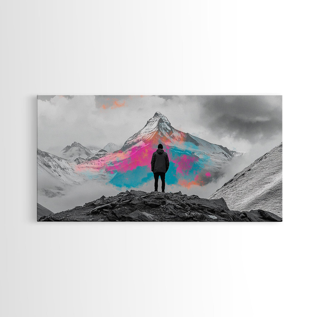 Rainbow Mountain, Vibrant Summit, Hiker Adventure, Canvas Print, Surreal Landscape Art, Wanderlust Wall Decor, Modern Office Artwork