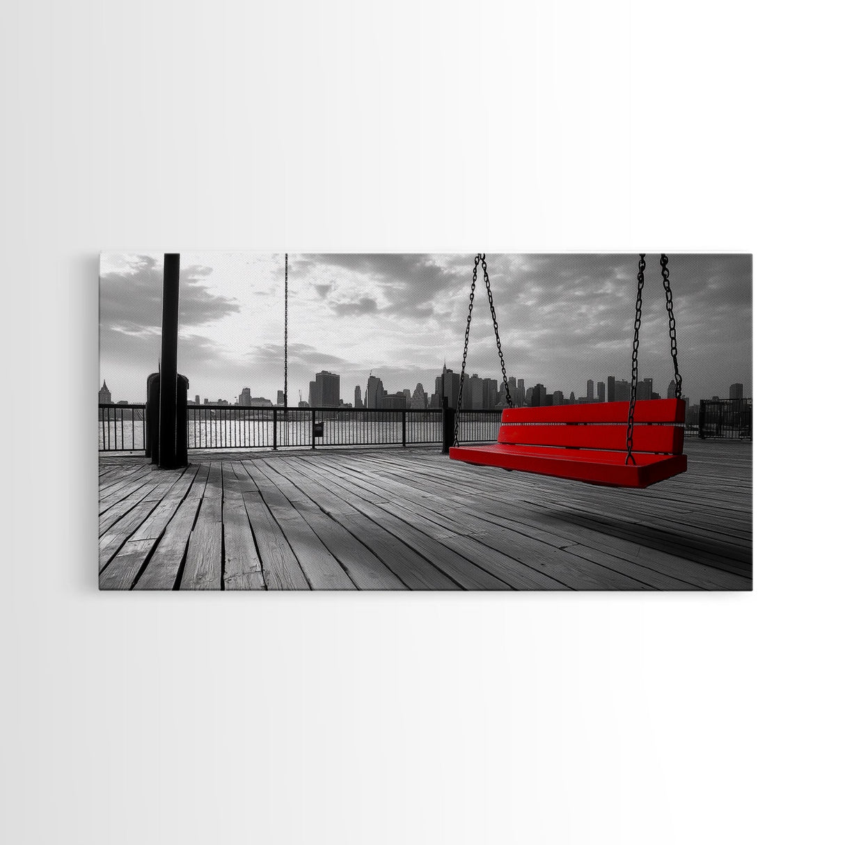 Red Swing, Skyline View, Urban Romance, Canvas Print, Cityscape Wall Art, Modern Minimalist Decor, Contemporary Bedroom Accent