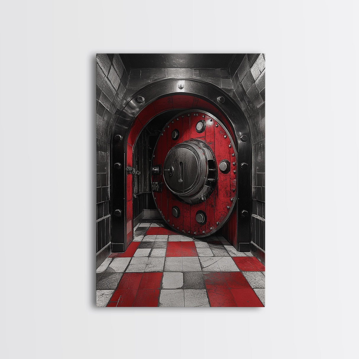Red Vault Door, Industrial Style, Bold Security, Framed Canvas Print, Urban Interior Wall Art, Game Room Decor, Steampunk Vibes