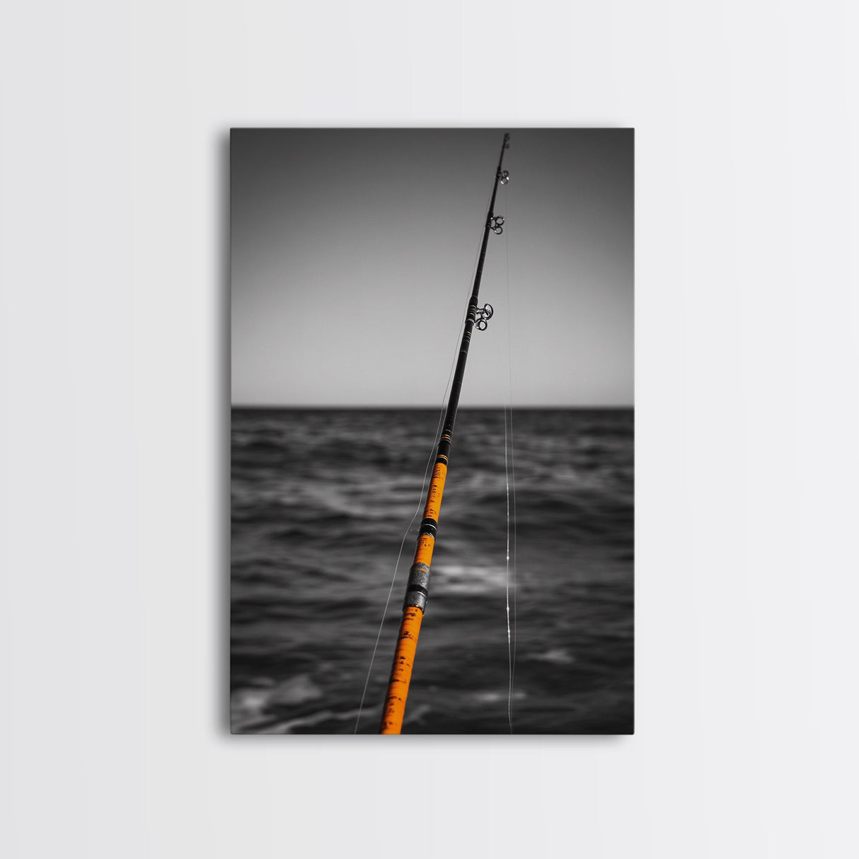 Fishing Pole, Ocean Rod, Angler Focus, Sea Horizon, Framed Canvas Print, Man Cave Wall Art, Sport Fishing Decor, Coastal Style Art