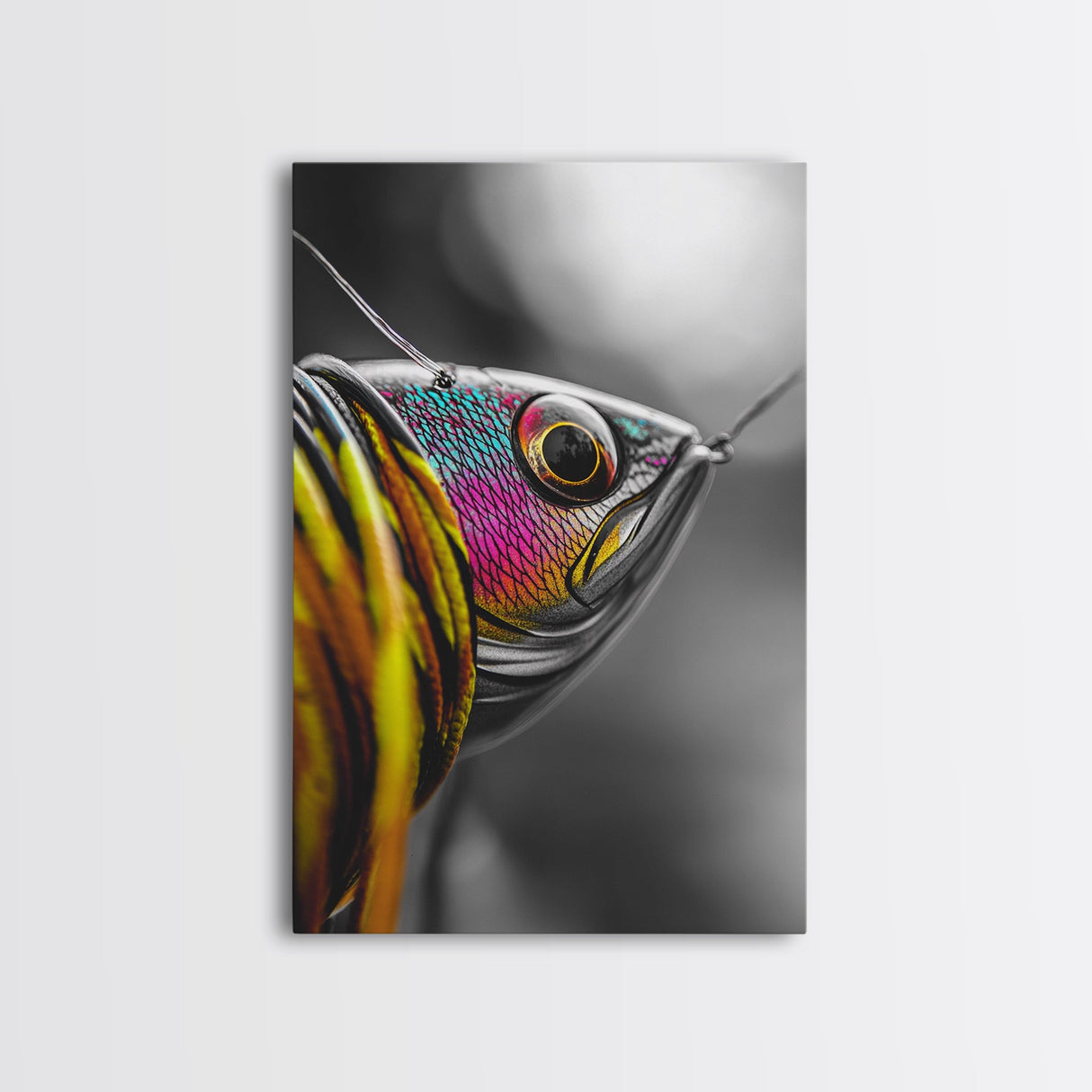 Colorful Lure, Fishing Hook, Bold Scales, Rainbow Detail, Framed Canvas Print, Man Cave Art, Fishing Decor, Vibrant Realism Wall Art