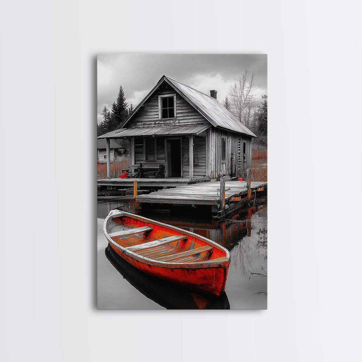 Cabin Reflection, Rustic Rowboat, Autumn Red, Lake Dock, Canvas Print, Fall Wall Art, Country Home Decor, Rustic Landscape, Lodge Style Art
