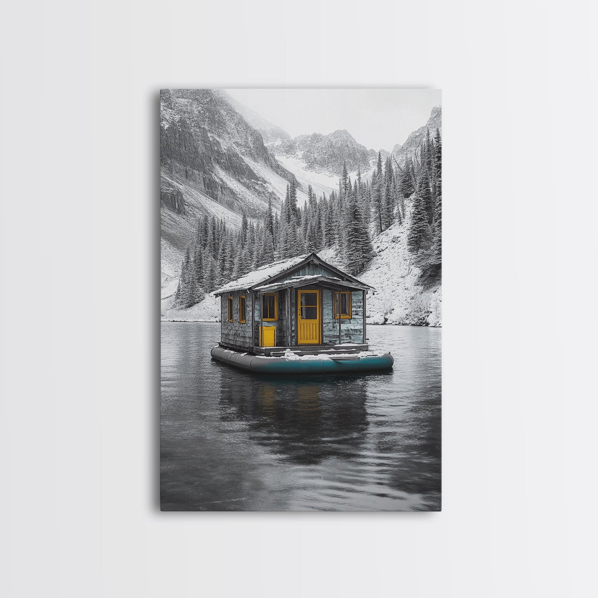 Winter Cabin, Floating House, Snowy Pines, Mountain Lake, Canvas Print, Minimalist Winter Wall Art, Cabin Decor, Neutral Nature Scene