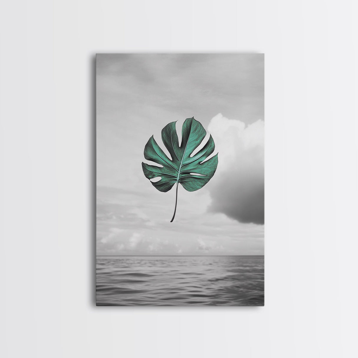 Monstera Leaf, Ocean Breeze, Tropical Minimalism, Floating Leaf, Framed Canvas Print, Modern Bathroom Art, Boho Decor, Tropical Wall Art