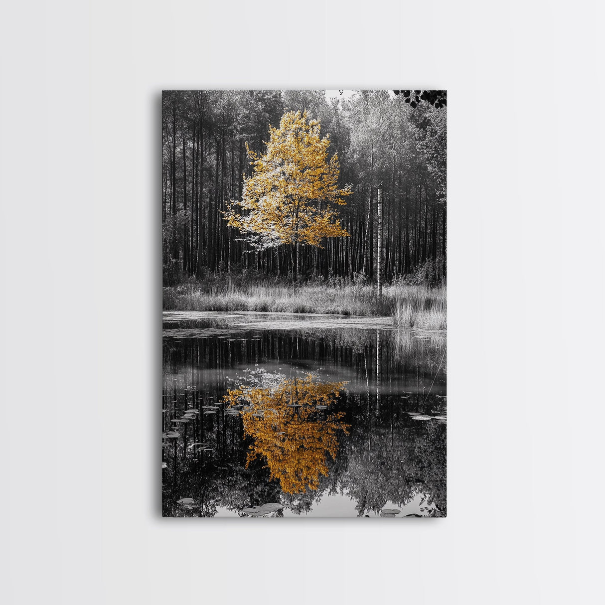 Golden Tree, Forest Reflection, Autumn Pond, Tranquil Waters, Canvas Print, Fall Nature Wall Art, Zen Bathroom Decor, Minimalist Art