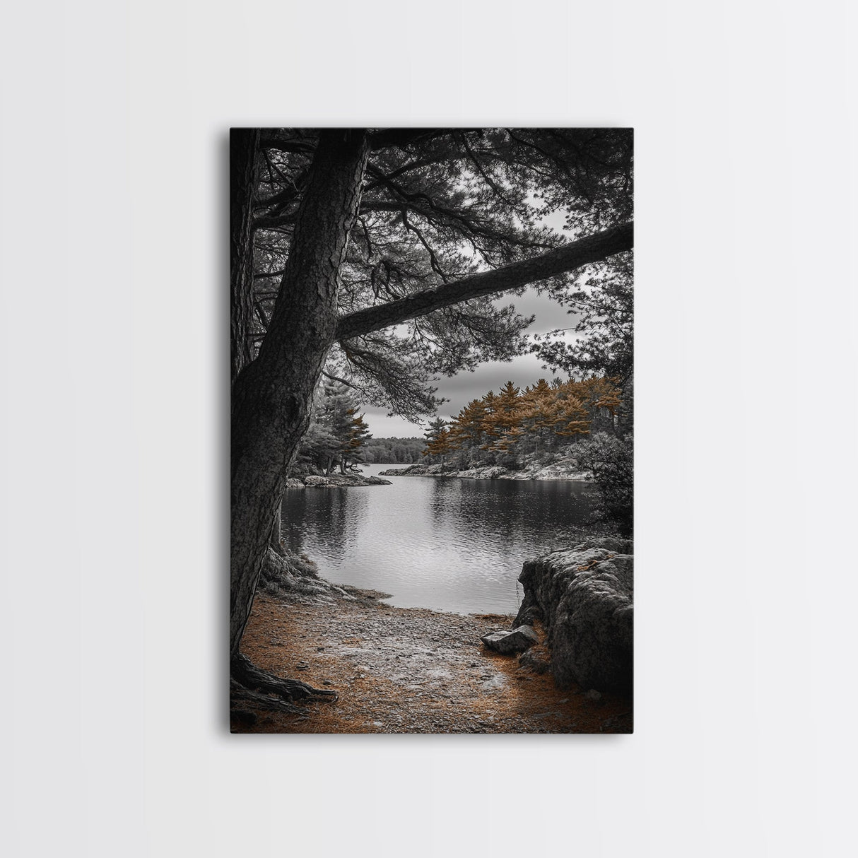 Autumn Forest Lake, Nature Photography, Scenic Landscape, Canvas Print, Rustic Cabin Decor, Neutral Tones, Bedroom Wall Art, Outdoor Art