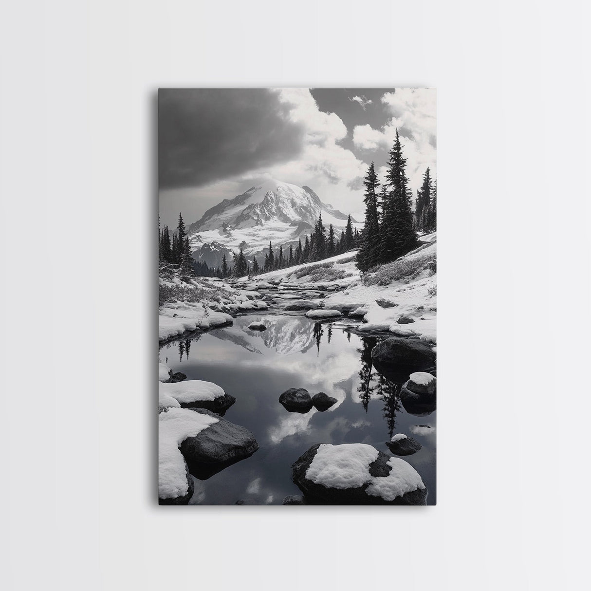 Snowy Mountain, Winter Landscape, Reflection Lake, Canvas Print, Black and White Nature Art, Cabin Wall Art, Adventure Photography