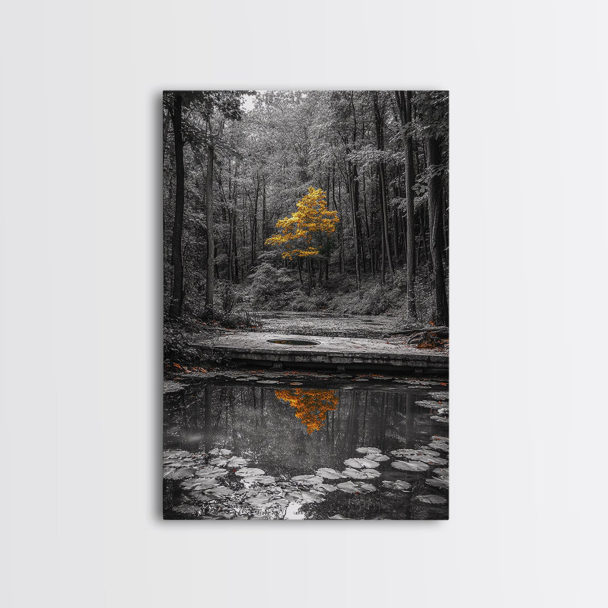 Lone Yellow Tree, Tranquil Pond, Forest Reflection, Canvas Print, Fall Nature Wall Art, Autumn Minimalist Decor, Peaceful Meditation Room