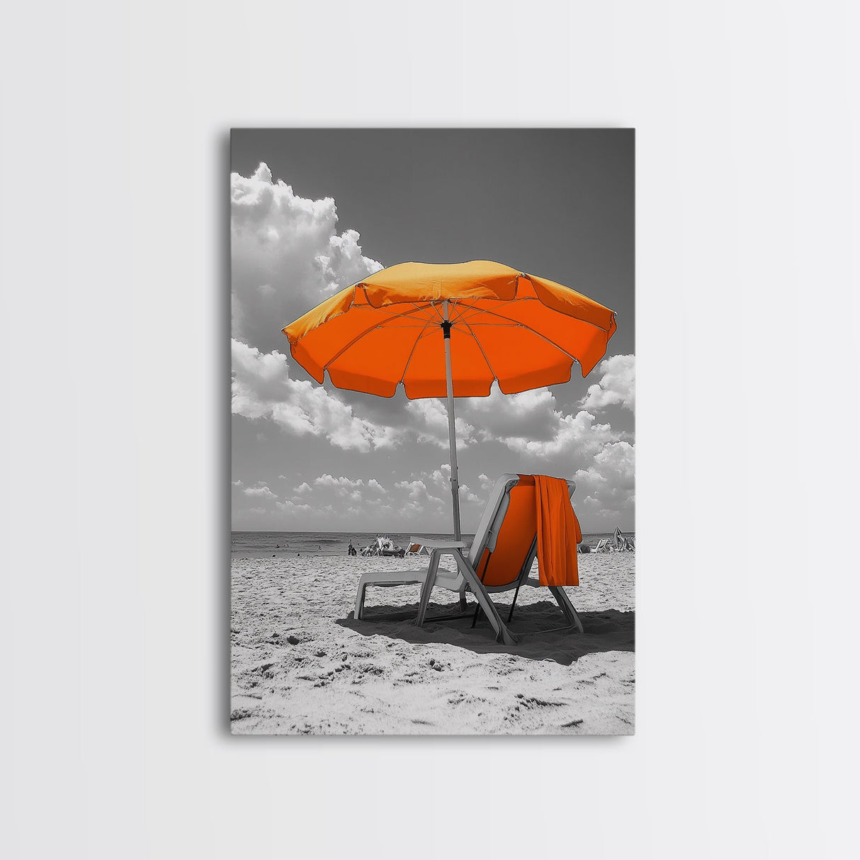 Orange Umbrella Shade, Beach Chill Scene, Relax Spot, Framed Canvas Print, Summer Wall Art, Vacation Vibe Decor, Minimalist Beach Art