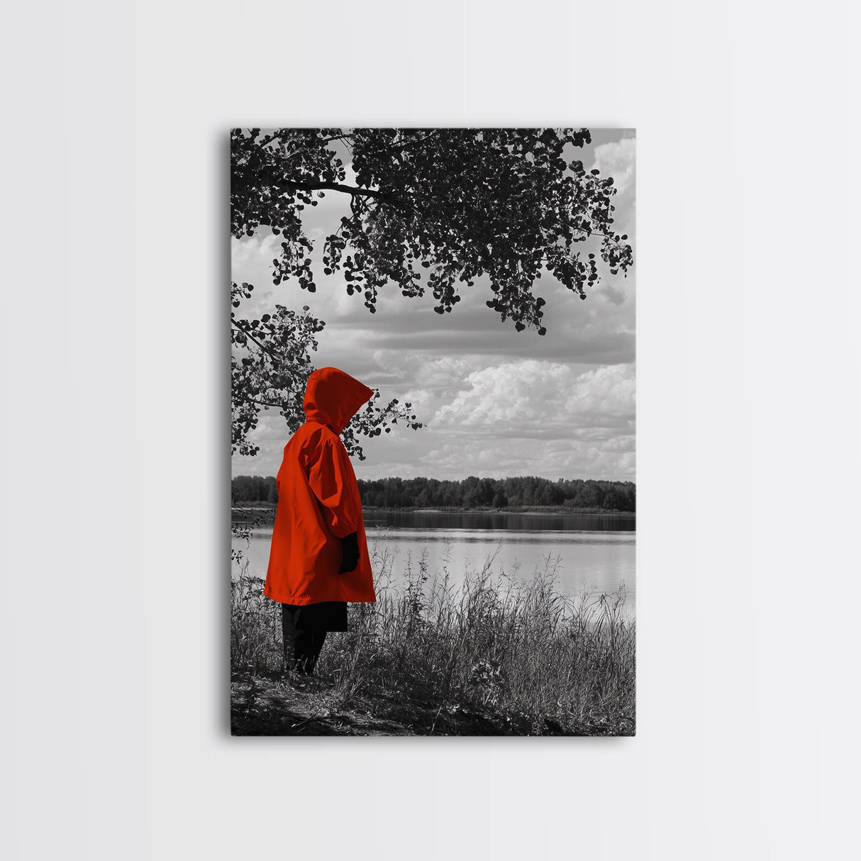 Red Coat Figure, Lakeside Reflection, Mystery Forest Mood, Canvas Print, Autumn Minimalist Wall Art, Moody Storybook Decor, Nature Style