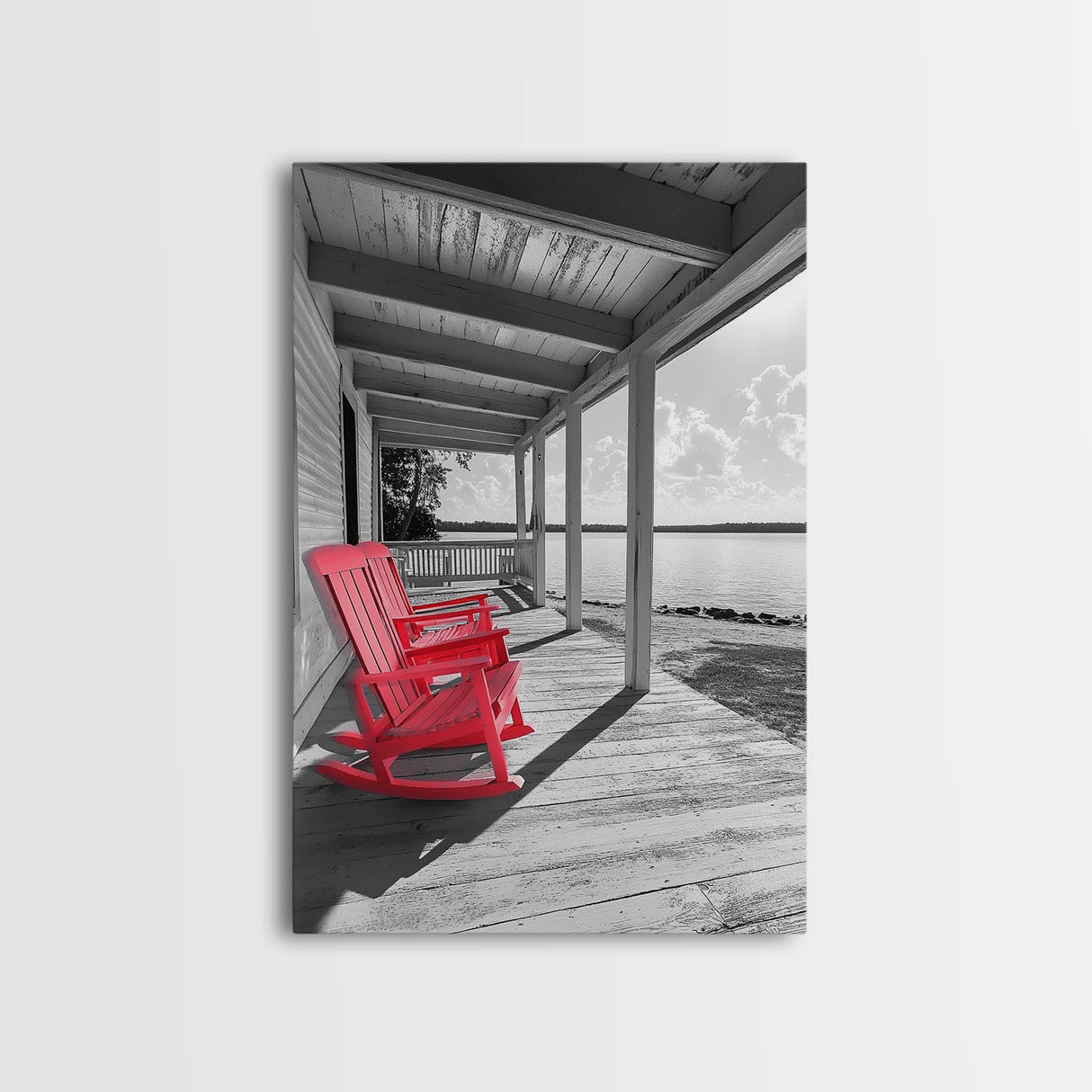 Red Porch Chairs, Lakeside Retreat, Cozy Country Morning, Framed Canvas Print, Farmhouse Decor, Rustic Living Room Wall Art, Peaceful Vibe