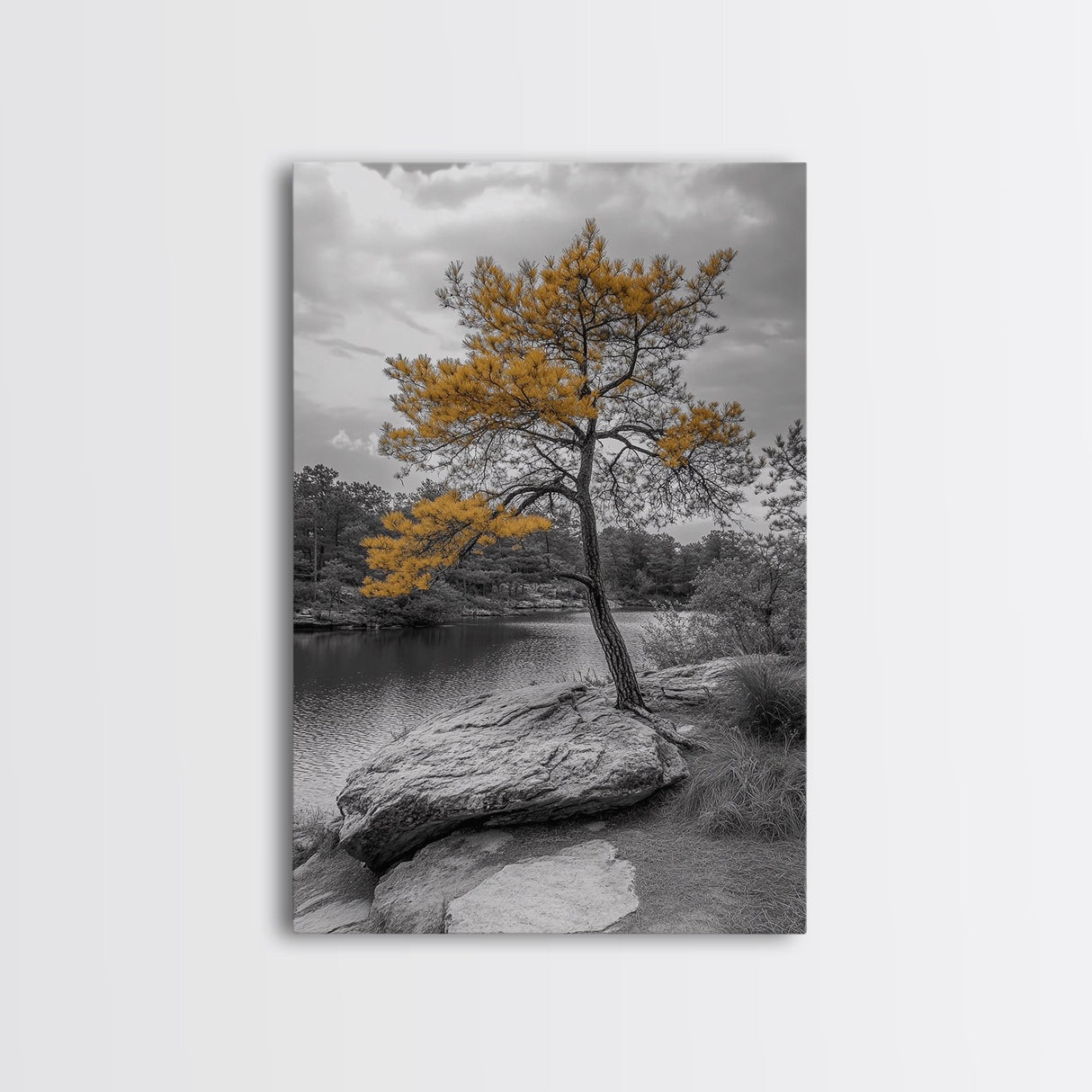 Golden Tree View, Nature Serenity, Fall Lake Art, Peaceful Pine, Framed Canvas Print, living room wall art, minimalist landscape print