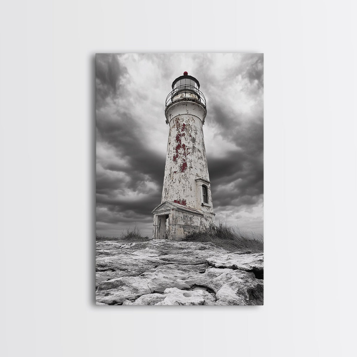 Rustic Lighthouse Shore, Weathered Tower Art, Stormy Coast Scene, Moody Seaside, Framed Canvas Print, nautical bathroom or den wall decor
