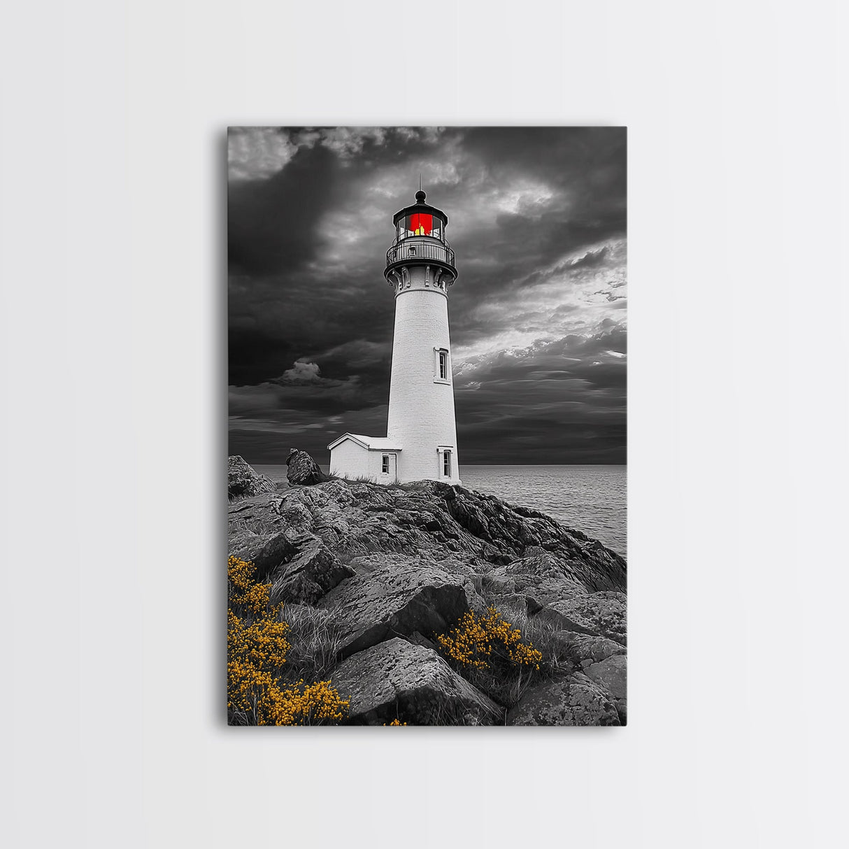 Red Beacon Lighthouse, Rocky Coast Light, Dramatic Storm Sky, Ocean Guide, Framed Canvas Print, nautical office wall art, bold coastal art