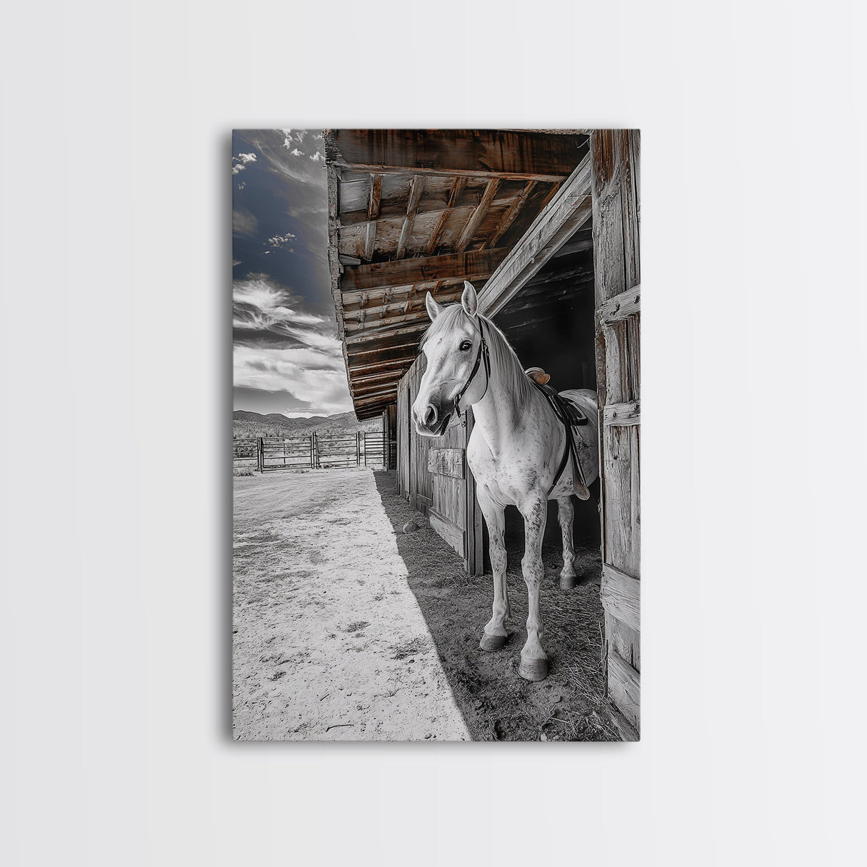 White Horse, Western Ranch, Rustic Stable, Cowboy Framed Canvas Print, Farmhouse Wall Art, Country Living Room Decor, Black White Art