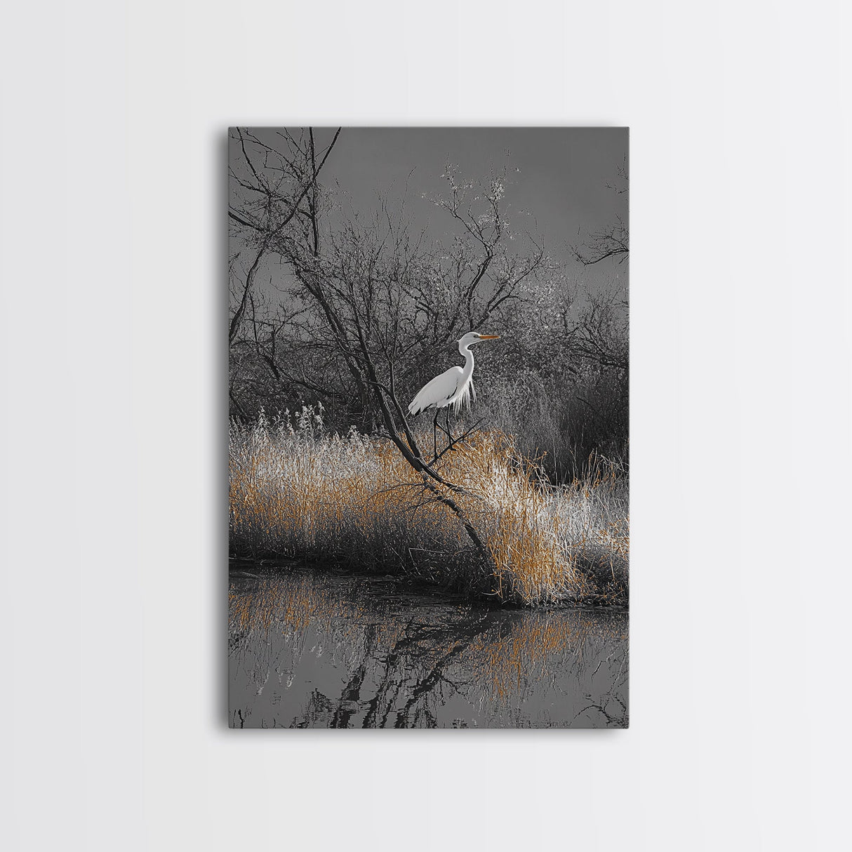 Egret Bird Scene, Autumn Riverbank, Wildlife Nature Print, Moody Wetland Landscape, Framed Canvas Print, Rustic Living Room Wall Art
