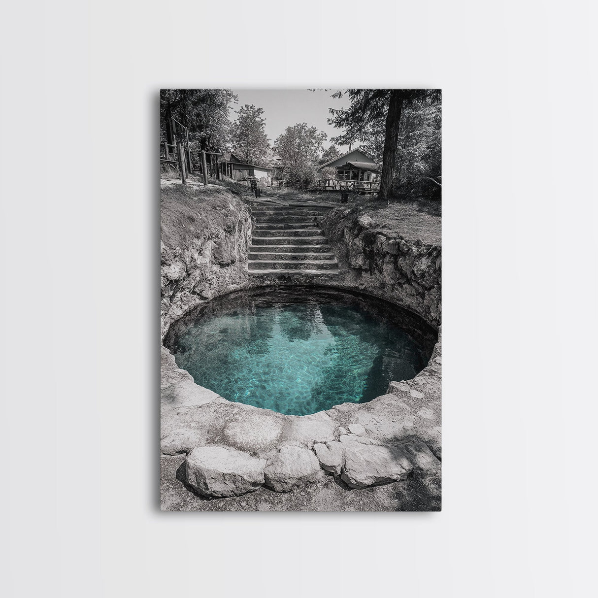 Hidden Spring Pool, Stone Garden Scene, Tranquil Nature Print, Zen Wall Decor, Framed Canvas Print, Minimalist Bathroom Wall Art