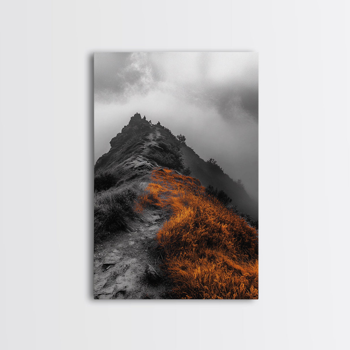 Misty Mountain Hike, Orange Trail Grass, Adventure Explorer Print, Moody Wilderness Scene, Framed Canvas Print, Rustic Cabin Wall Art