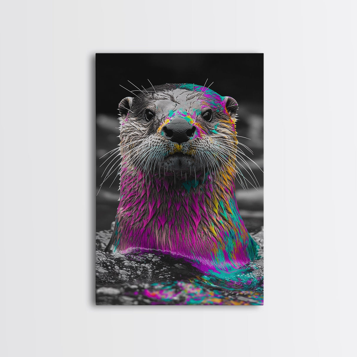 Colorful Otter, Vibrant Animal, Rainbow Fur, Framed Canvas Print, Kids Room Decor, Whimsical Wildlife Art, Playroom Wall Art, Bold Style