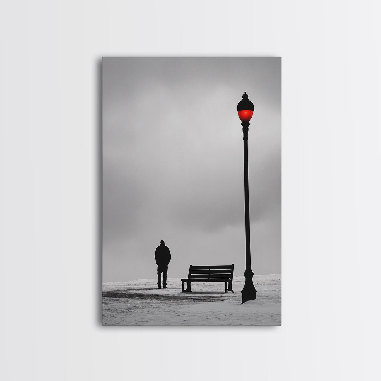 Red Street Lamp, Snowy Walkway, Silhouette Scene, Framed Canvas Print, Moody Wall Art, Minimalist Decor, Winter Vibes, Bedroom Accent