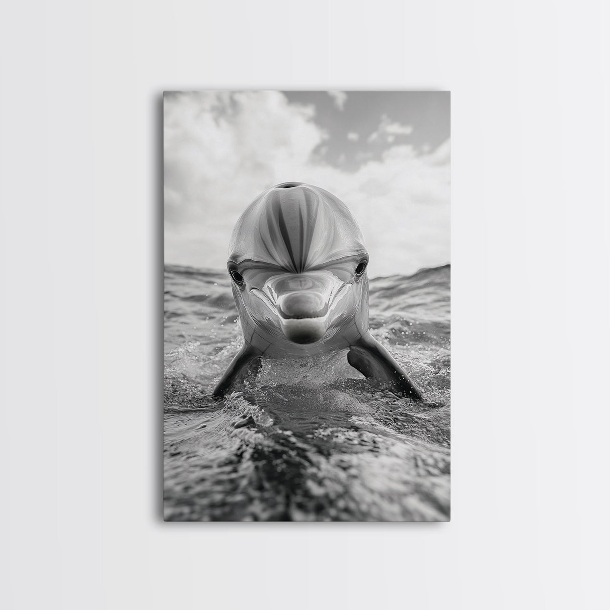Dolphin Splash, Ocean Encounter, Monochrome Wildlife, Canvas Print, Coastal Wall Art, Bathroom Decor, Marine Animal Photography