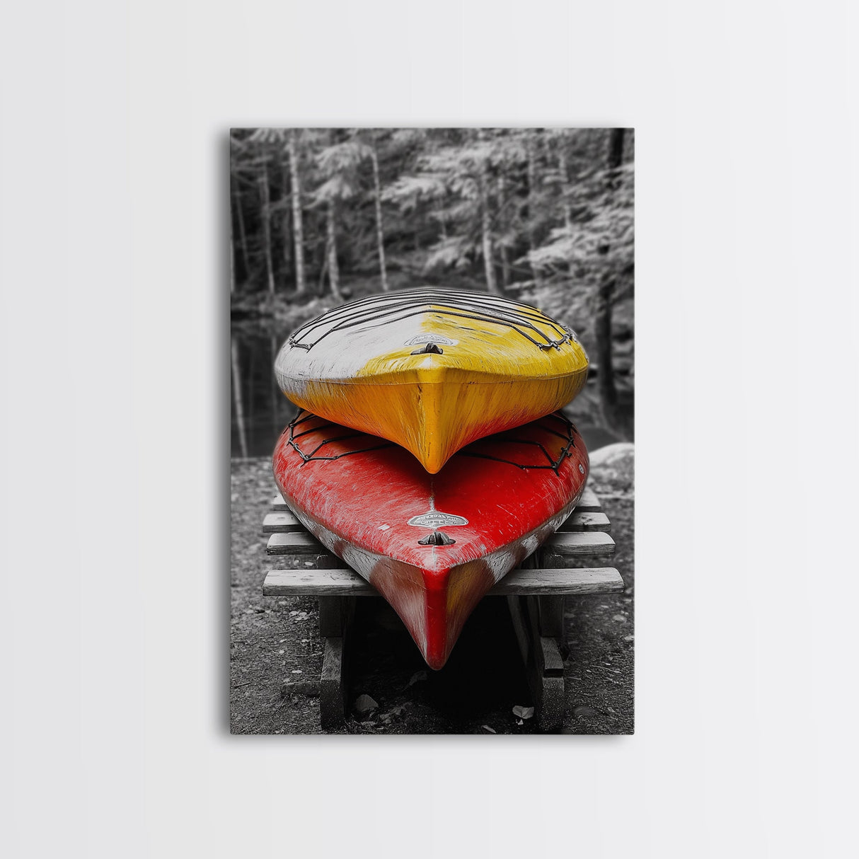 Stacked Kayaks, Red and Yellow, Forest Wall Art, Canvas Print, Adventure Photography, Outdoor Cabin Decor, Fall Travel Vibes