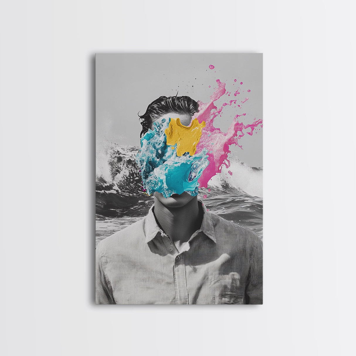 Abstract Portrait, Paint Splash Face, Surreal Ocean Art, Framed Canvas Print, Modern Living Room Art, Pop Surrealism Decor