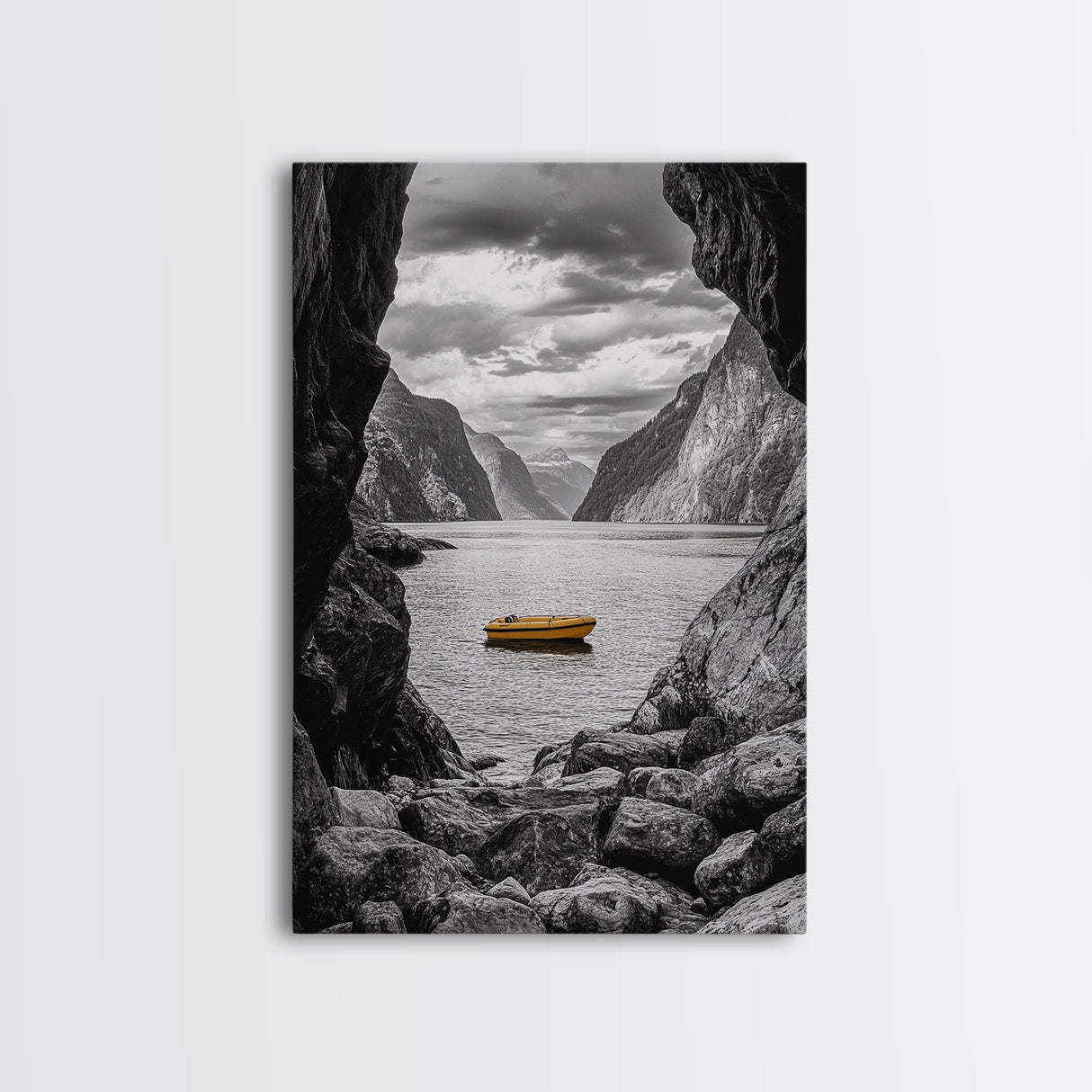 Yellow Boat, Mountain Lake, Serene Fjord Scene, Framed Canvas Print, Minimalist Wall Art, Nature Landscape, Scandinavian Decor