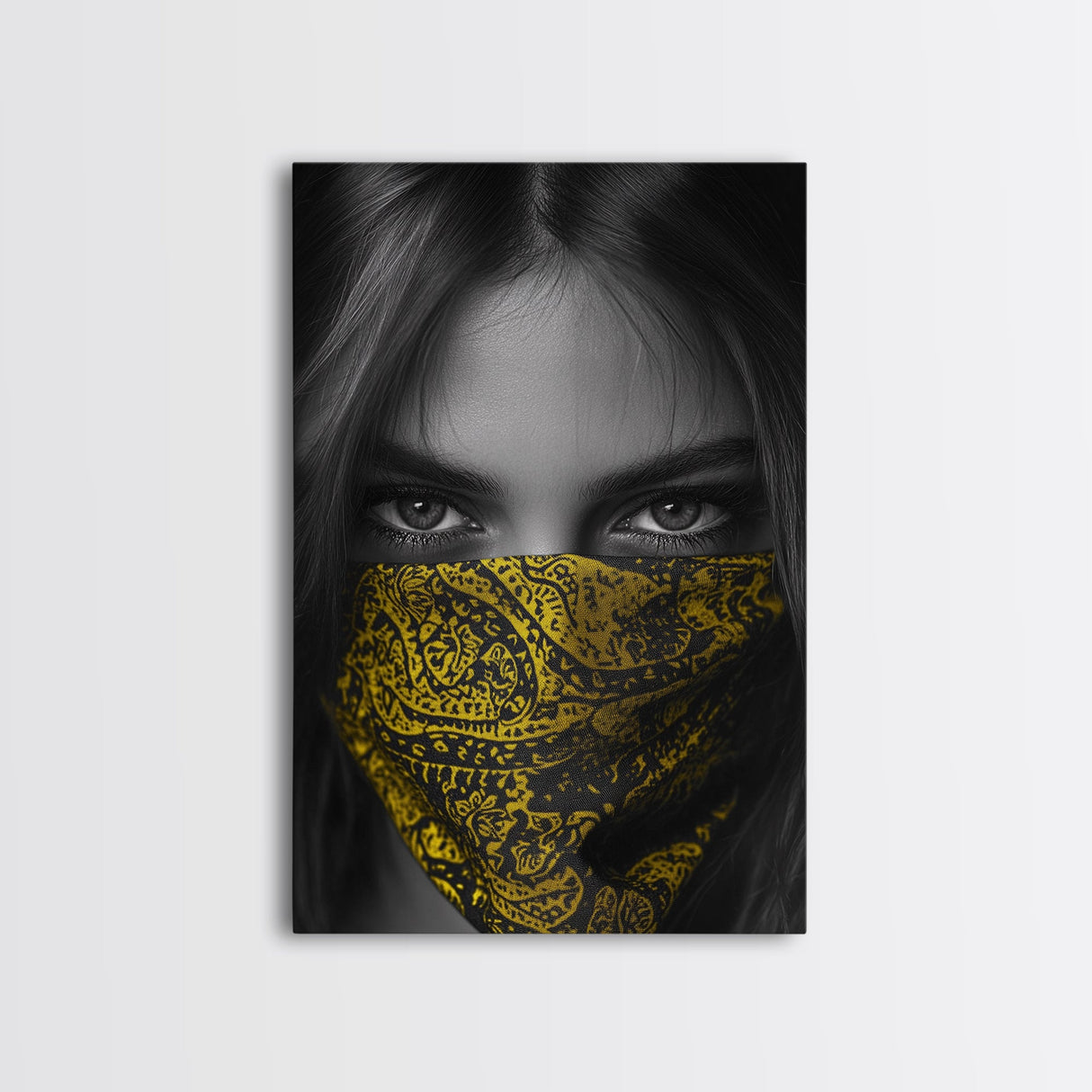 Yellow Bandana Girl, Intense Eyes, Street Portrait, Framed Canvas Print, Modern Photography, Teen Bedroom Wall Art, Bold Style