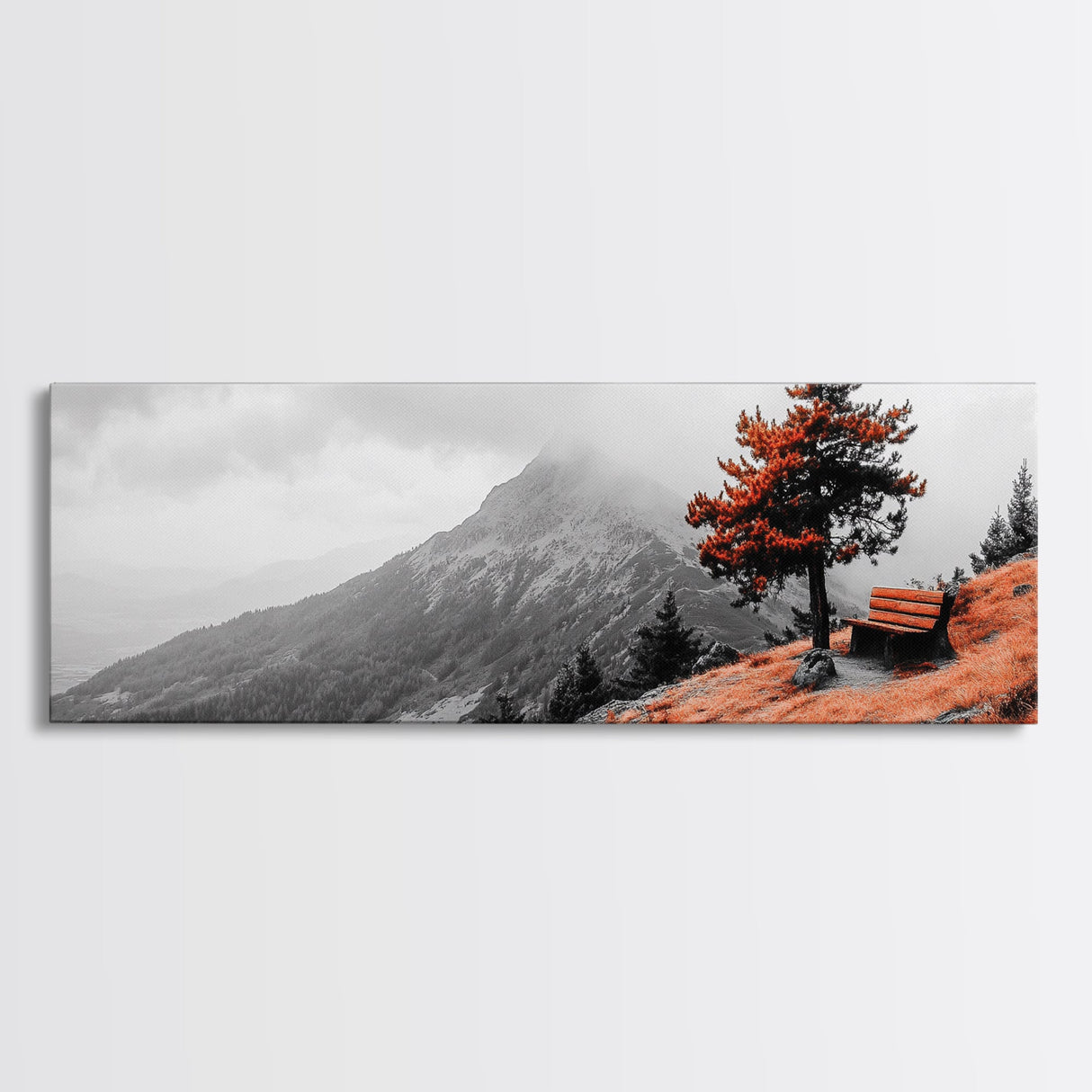 Scenic Bench, Autumn Hills, Serene Vista, Orange Tree — Framed Canvas Print, Minimalist Landscape Art, Fall Home Decor, Bedroom Wall Art