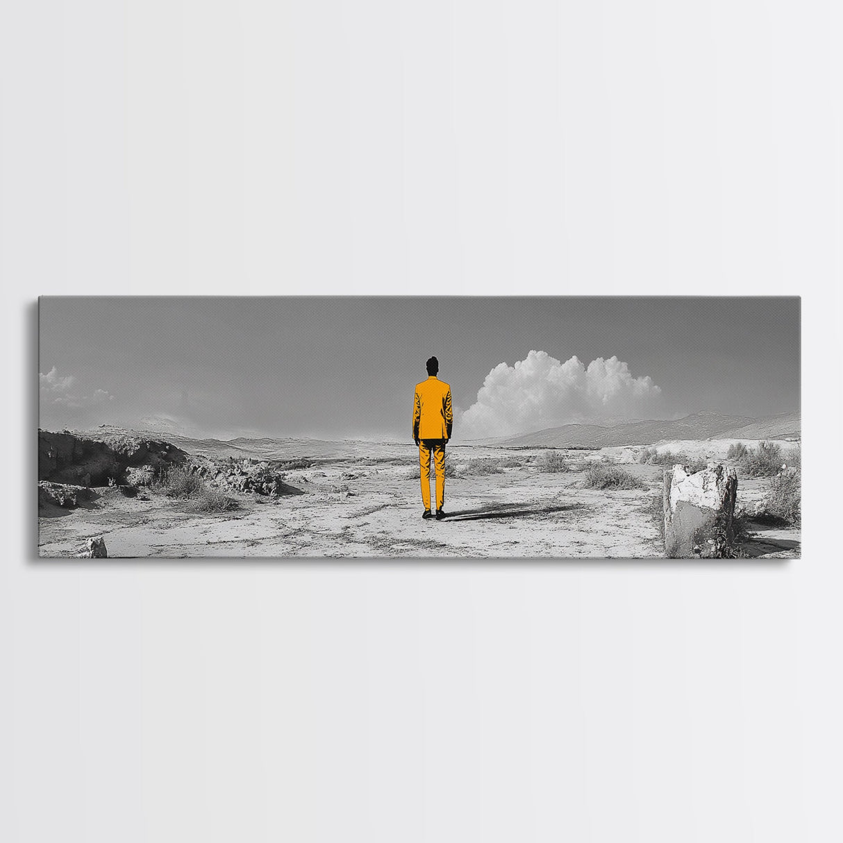 Yellow Suit, Surreal Desert, Lone Wanderer, Conceptual Art — Framed Canvas Print, Modern Art, Office Decor, Minimalist Statement Piece