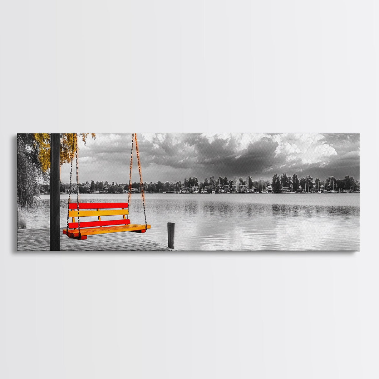 Lake Swing, Autumn Tree, Lakeside Serenity, Color Pop — Framed Canvas Print, Cozy Home Decor, Fall Living Room Art, Whimsical Wall Print