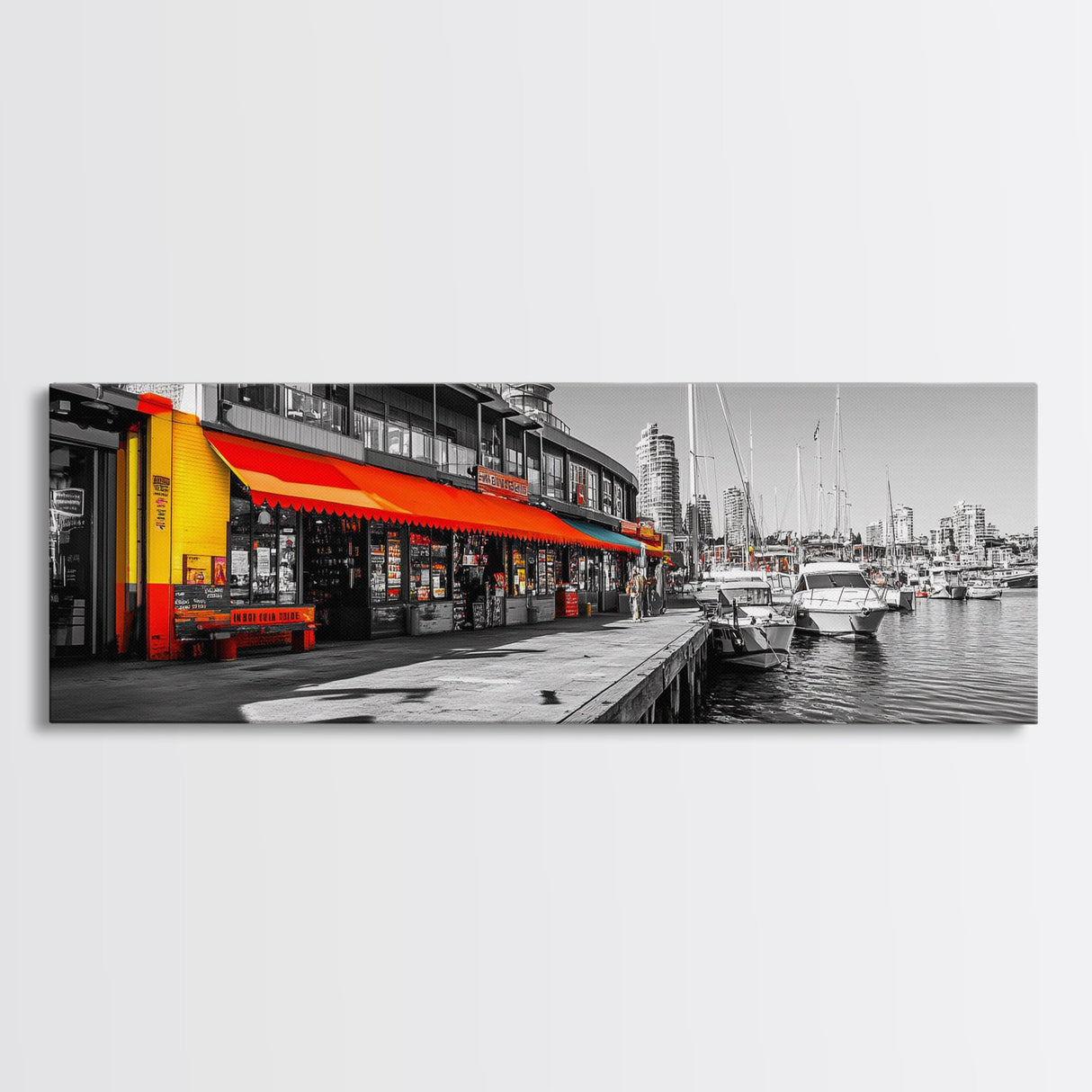 Waterfront Market, Urban Vibes, Boats and Shops, City Harbor — Framed Canvas Print, Kitchen Wall Art, Modern Cityscape, Vibrant Wall Decor
