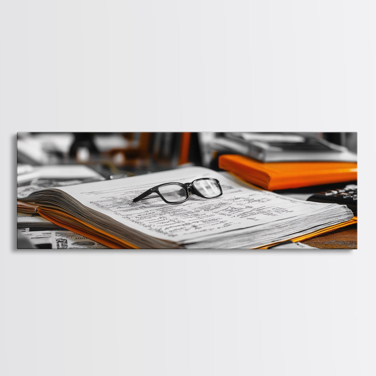Open Book, Glasses, Orange Folders, Writer Desk, Framed Canvas Print, Study Room Wall Art, Vintage Academic Aesthetic