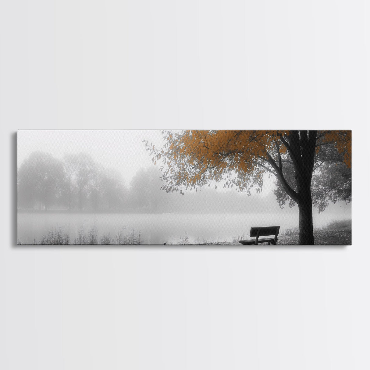 Foggy Lake, Autumn Tree, Peaceful Bench, Serene Nature, Framed Canvas Print, Fall Wall Decor, Zen Living Room Art, Bedroom Decor