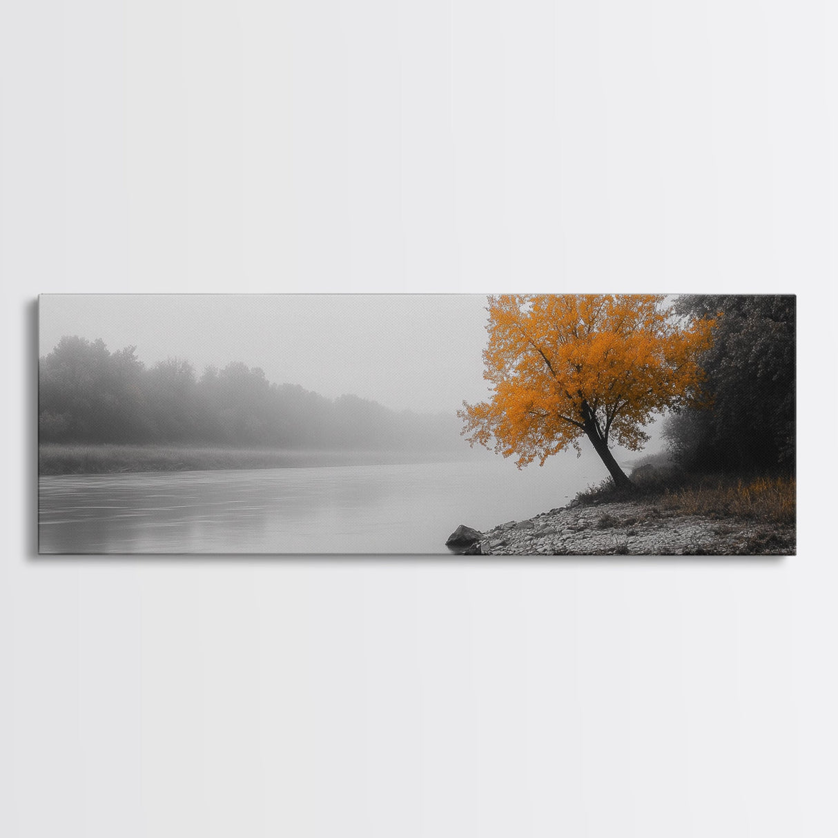 Foggy Riverbank Tree, Orange Fall Tree, Framed Canvas Print, Autumn Nature Scene, Moody Landscape Wall Art, Rustic Bedroom Decor