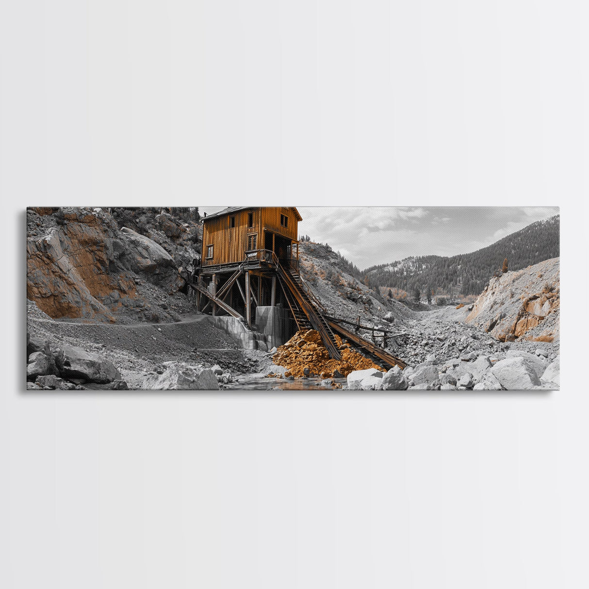Desert Mine Cabin, Rustic Gold Landscape, Abandoned Building Scene, Framed Canvas Print, Western Art, Office Wall Decor
