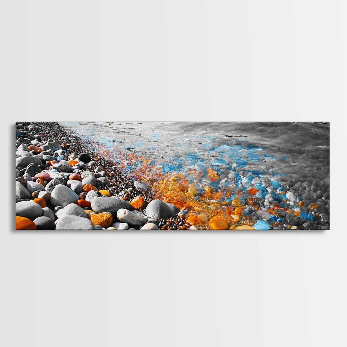 Colorful Pebble Shore, Vibrant Lake Stones, Blue Orange Rocks, Framed Canvas Print, Boho Coastal Style, Bathroom Wall Art