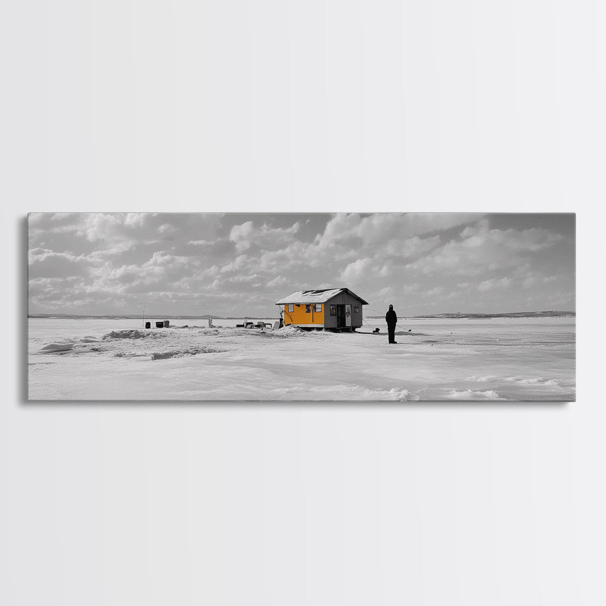 Winter Fishing, Ice House, Snowy Sky, Arctic Chill, Framed Canvas Print, Cabin Wall Art, Minimalist Winter Decor, Monochrome Scene
