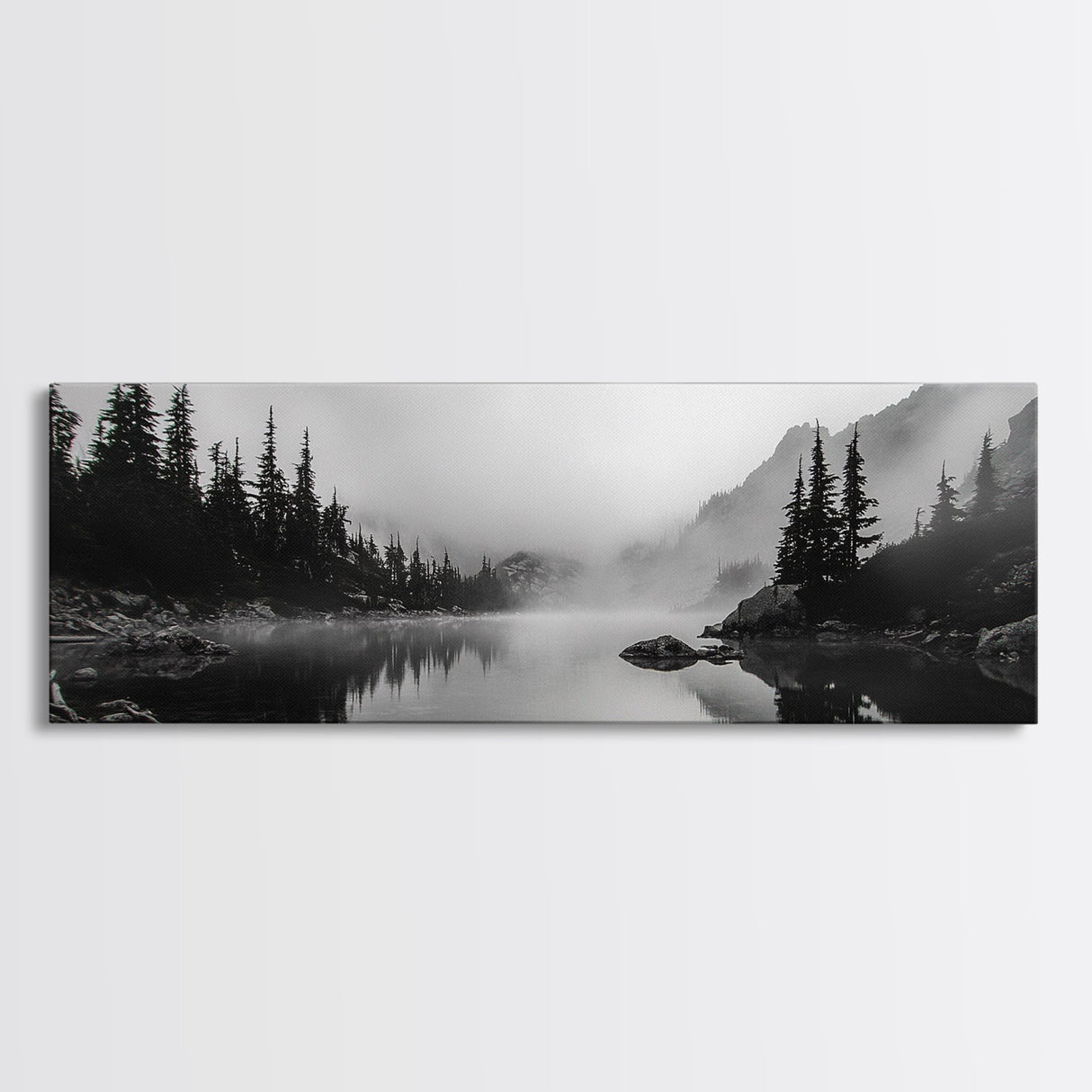 Foggy Pines, Mountain Reflection, Monochrome Wilderness, Canvas Print, black and white wall art, cabin decor, minimalist forest scene
