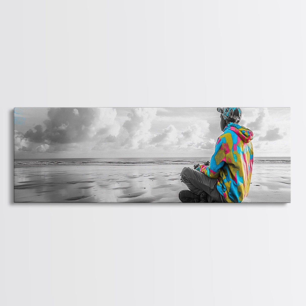 Colorful Hoodie, Peaceful Ocean, Reflective Moment, Street Style, Framed Canvas Print, Boho Wall Art, Teen Bedroom Decor