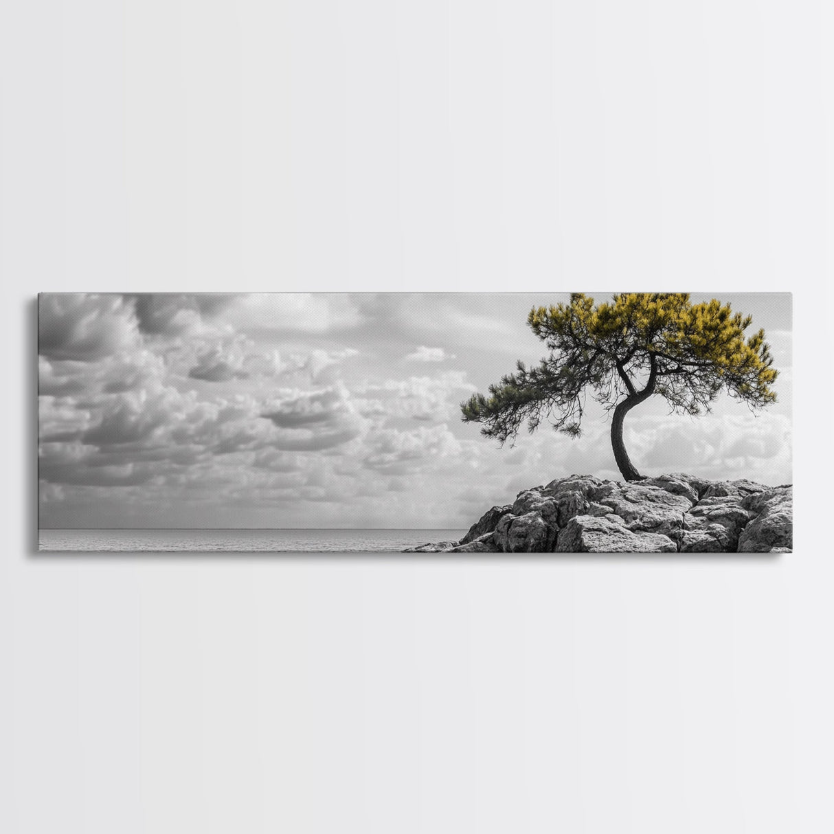Lone Tree Cliff, Windy Ocean View, Golden Branches, Canvas Print, Moody Landscape Art, Neutral Tones, Office Wall Decor, Minimalist Style