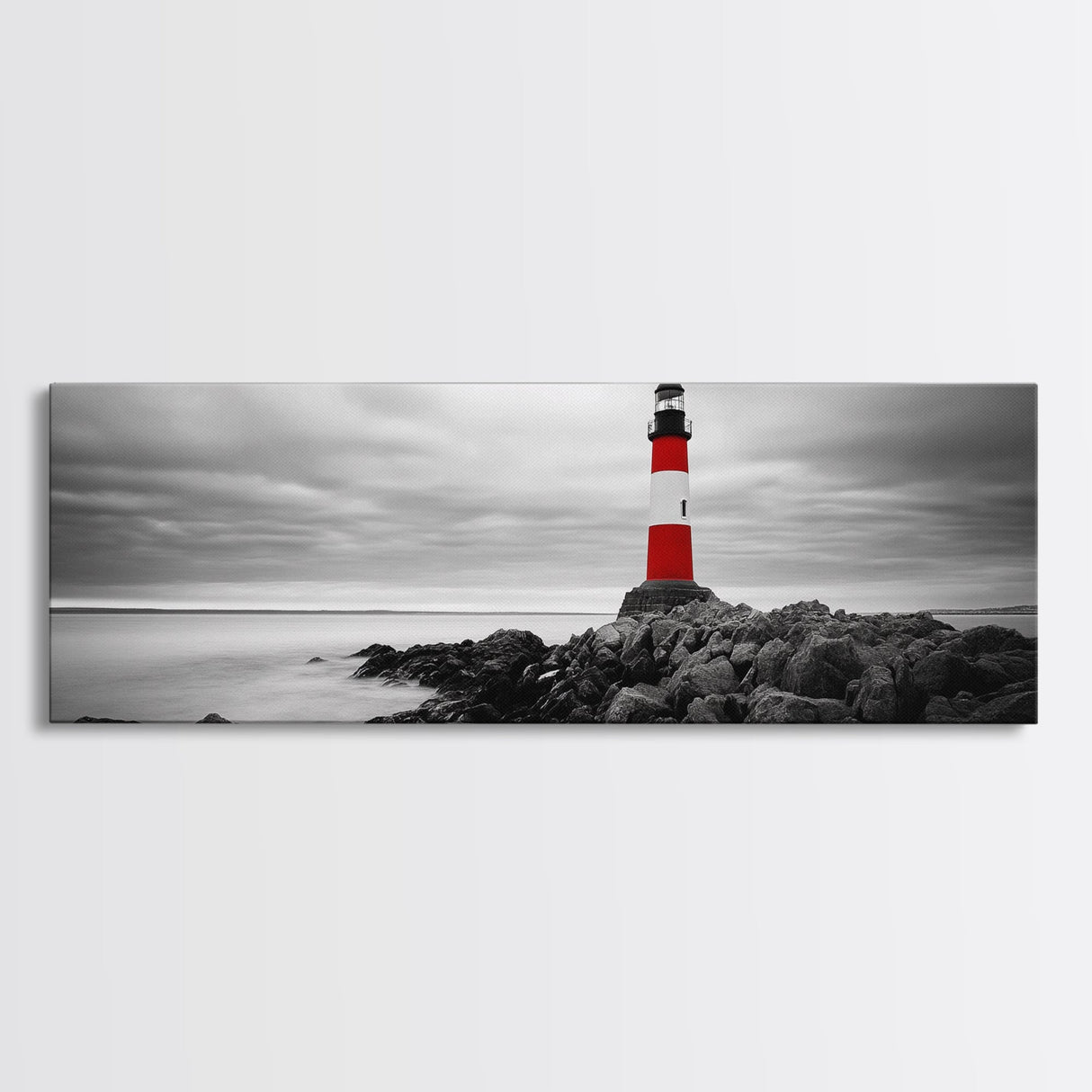 Lighthouse Coastline, Red Beacon, Stormy Sea, Black and White Landscape, Framed Canvas Print, Nautical Decor, Office Wall Art, Modern Style