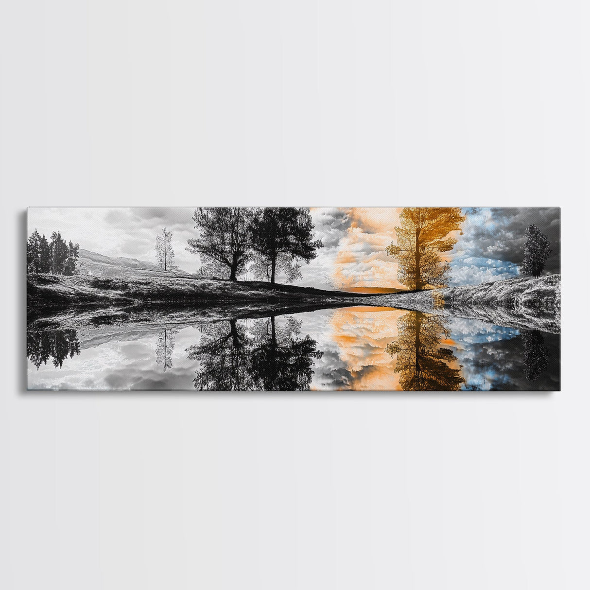 Surreal Reflection, Tree Silhouettes, Split Sky, Framed Canvas Print, trippy landscape art, black and white dreamy wall decor